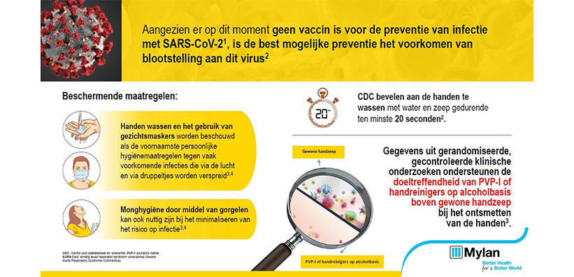 Het addvies is om regelmatig de handen te wassen. Povidonjodium dat in Betadine Scrub® zit is hiervoor heel geschikt.