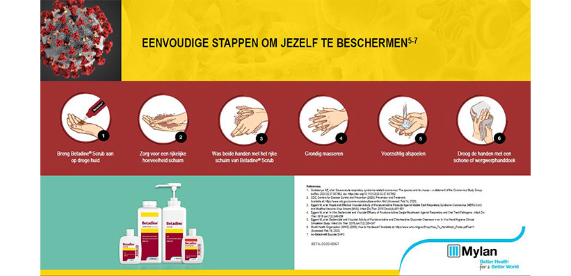 Het addvies is om regelmatig de handen te wassen. Povidonjodium dat in Betadine Scrub® zit is hiervoor heel geschikt.